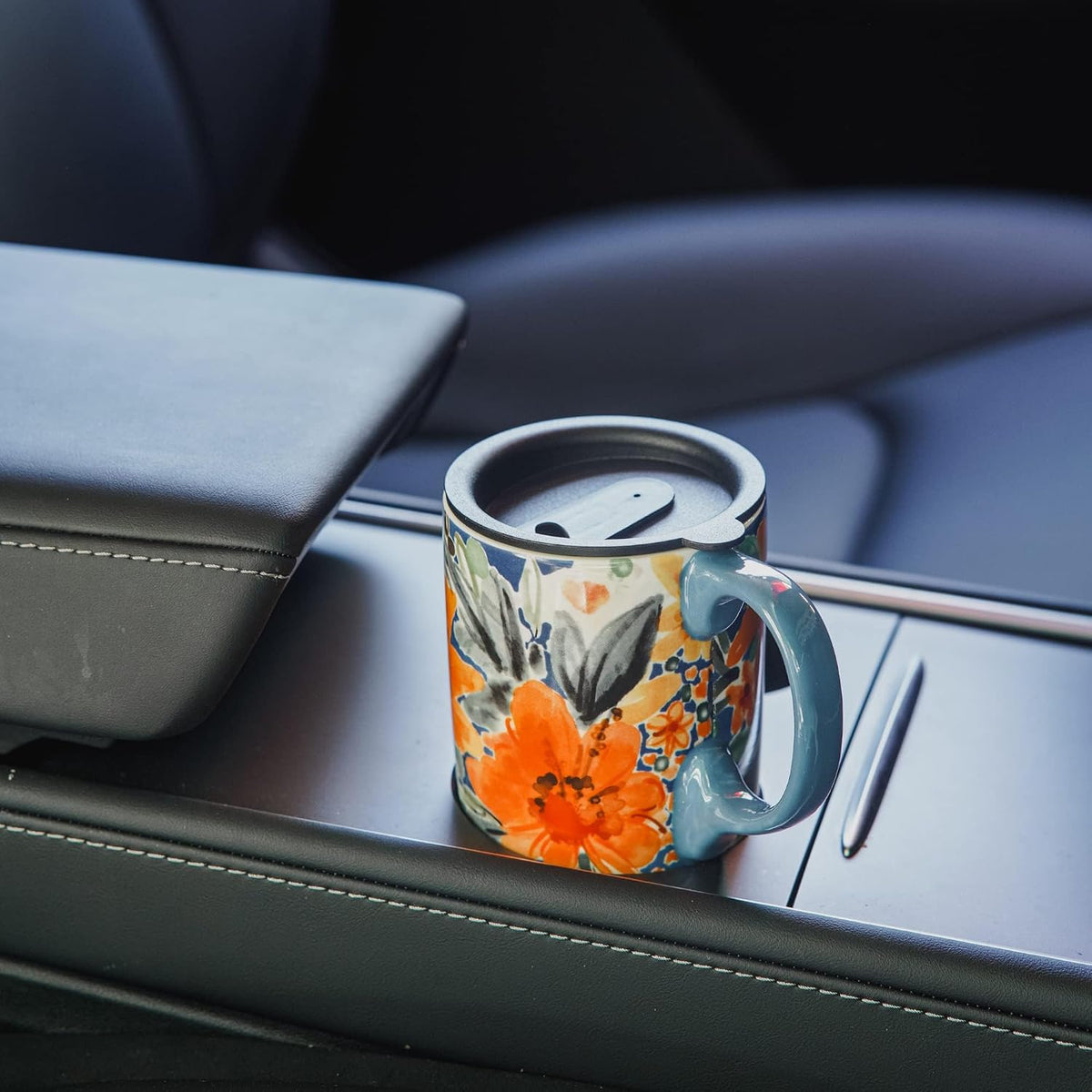 17oz Ceramic Coffee Mug with Lid & Gift Box | Vintage Script Blue Orange Daisy Tea Cup, Microwave Dishwasher & Oven Safe for Home Office Use