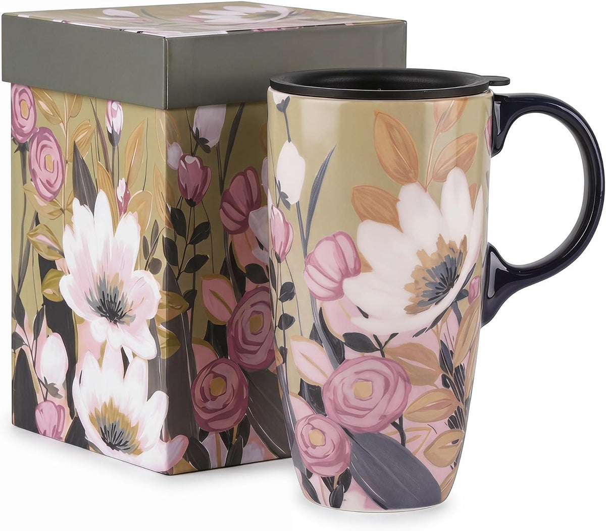17oz Ceramic Coffee Mug with Lid & Gift Box | Vintage Script Blue Orange Daisy Tea Cup, Microwave Dishwasher & Oven Safe for Home Office Use