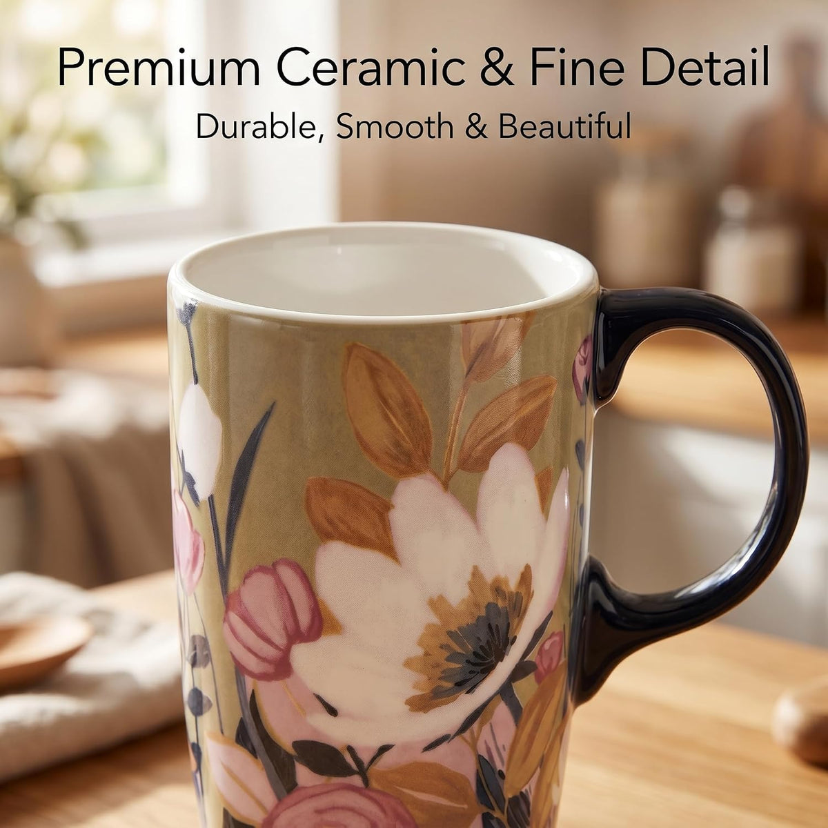 17oz Ceramic Coffee Mug with Lid & Gift Box | Vintage Script Blue Orange Daisy Tea Cup, Microwave Dishwasher & Oven Safe for Home Office Use