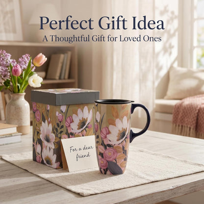 17oz Ceramic Coffee Mug with Lid & Gift Box | Vintage Script Blue Orange Daisy Tea Cup, Microwave Dishwasher & Oven Safe for Home Office Use