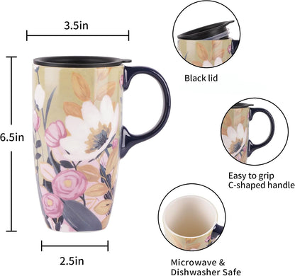 17oz Ceramic Coffee Mug with Lid & Gift Box | Vintage Script Blue Orange Daisy Tea Cup, Microwave Dishwasher & Oven Safe for Home Office Use
