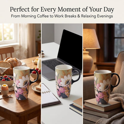 17oz Ceramic Coffee Mug with Lid & Gift Box | Vintage Script Blue Orange Daisy Tea Cup, Microwave Dishwasher & Oven Safe for Home Office Use