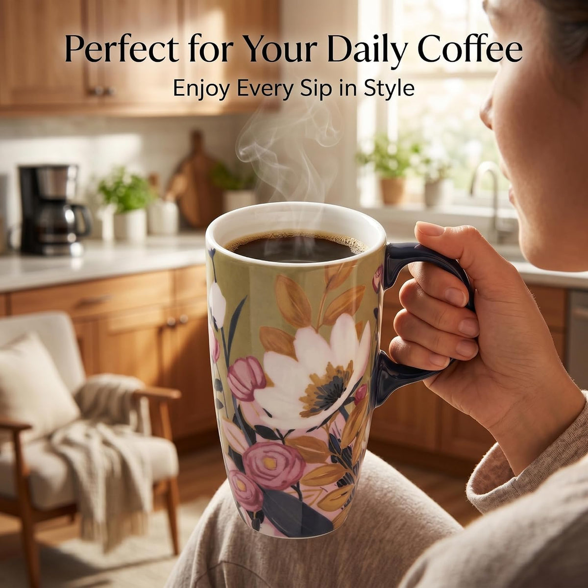 17oz Ceramic Coffee Mug with Lid & Gift Box | Vintage Script Blue Orange Daisy Tea Cup, Microwave Dishwasher & Oven Safe for Home Office Use