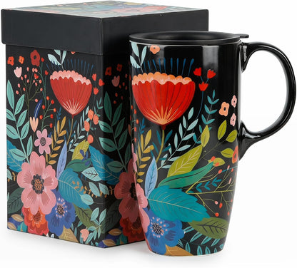 17oz Ceramic Coffee Mug with Lid & Gift Box | Vintage Script Blue Orange Daisy Tea Cup, Microwave Dishwasher & Oven Safe for Home Office Use