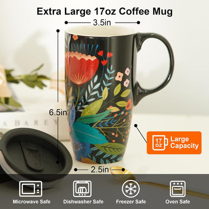 17oz Ceramic Coffee Mug with Lid & Gift Box | Vintage Script Blue Orange Daisy Tea Cup, Microwave Dishwasher & Oven Safe for Home Office Use