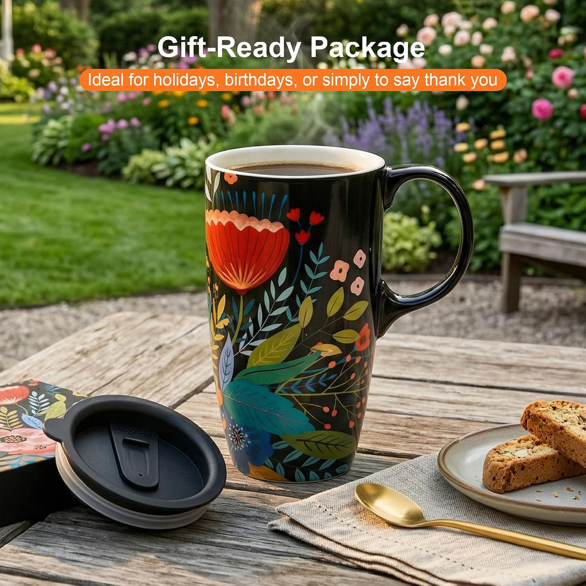 17oz Ceramic Coffee Mug with Lid & Gift Box | Vintage Script Blue Orange Daisy Tea Cup, Microwave Dishwasher & Oven Safe for Home Office Use
