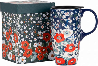 17oz Ceramic Coffee Mug with Lid & Gift Box | Vintage Script Blue Orange Daisy Tea Cup, Microwave Dishwasher & Oven Safe for Home Office Use