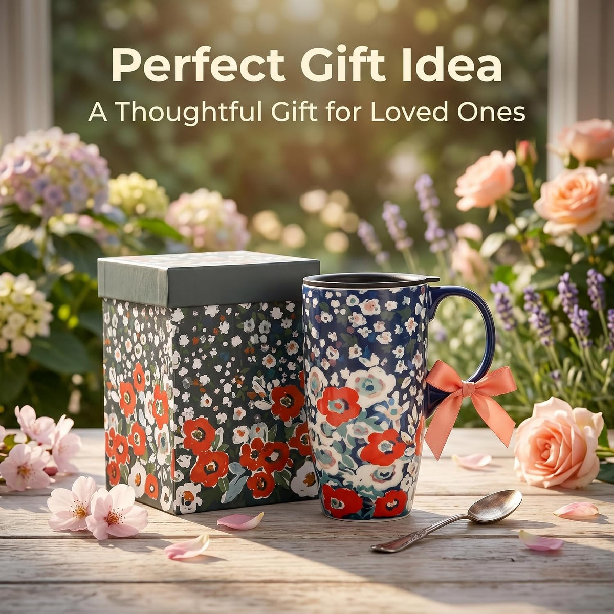 17oz Ceramic Coffee Mug with Lid & Gift Box | Vintage Script Blue Orange Daisy Tea Cup, Microwave Dishwasher & Oven Safe for Home Office Use