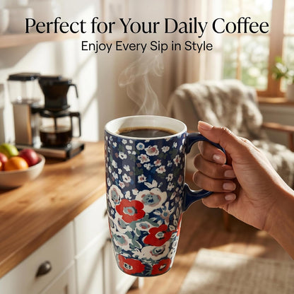 17oz Ceramic Coffee Mug with Lid & Gift Box | Vintage Script Blue Orange Daisy Tea Cup, Microwave Dishwasher & Oven Safe for Home Office Use