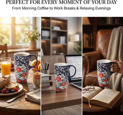 17oz Ceramic Coffee Mug with Lid & Gift Box | Vintage Script Blue Orange Daisy Tea Cup, Microwave Dishwasher & Oven Safe for Home Office Use