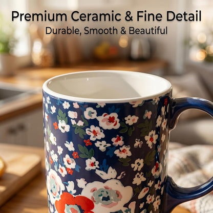 17oz Ceramic Coffee Mug with Lid & Gift Box | Vintage Script Blue Orange Daisy Tea Cup, Microwave Dishwasher & Oven Safe for Home Office Use