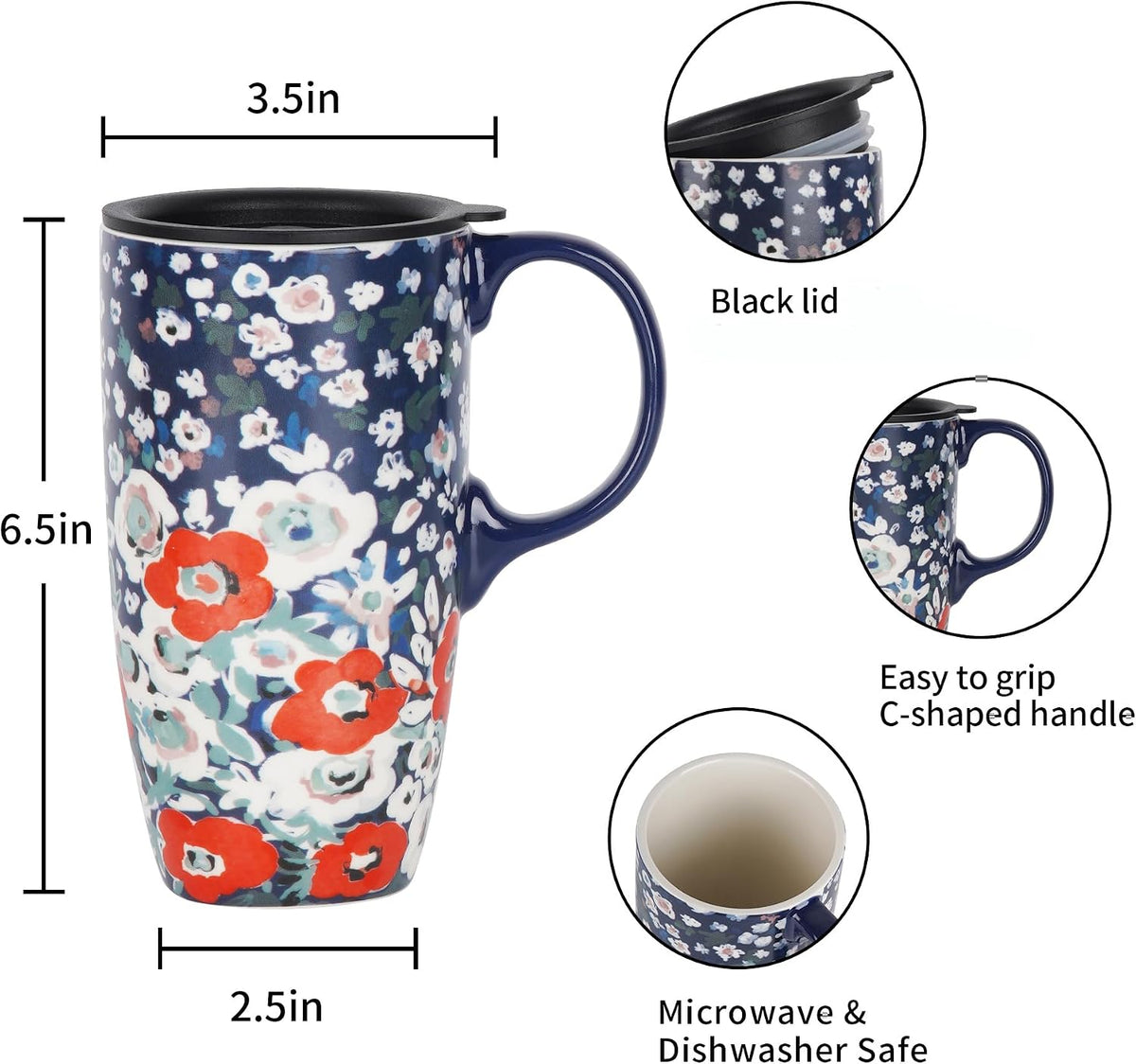 17oz Ceramic Coffee Mug with Lid & Gift Box | Vintage Script Blue Orange Daisy Tea Cup, Microwave Dishwasher & Oven Safe for Home Office Use