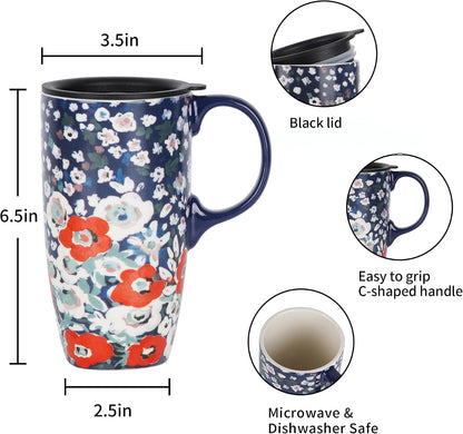 17oz Ceramic Coffee Mug with Lid & Gift Box | Vintage Script Blue Orange Daisy Tea Cup, Microwave Dishwasher & Oven Safe for Home Office Use