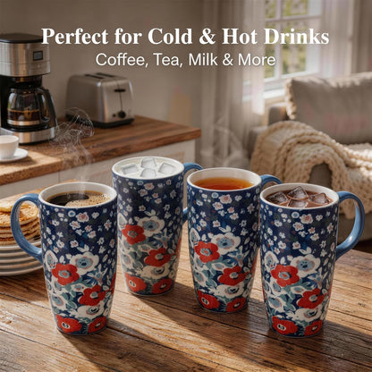 17oz Ceramic Coffee Mug with Lid & Gift Box | Vintage Script Blue Orange Daisy Tea Cup, Microwave Dishwasher & Oven Safe for Home Office Use