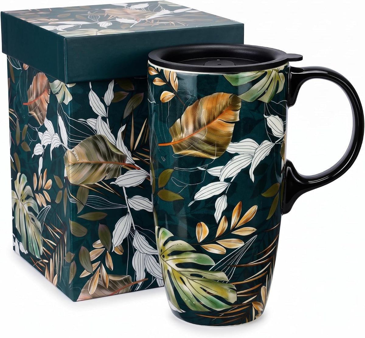 17oz Ceramic Coffee Mug with Lid & Gift Box | Vintage Script Blue Orange Daisy Tea Cup, Microwave Dishwasher & Oven Safe for Home Office Use