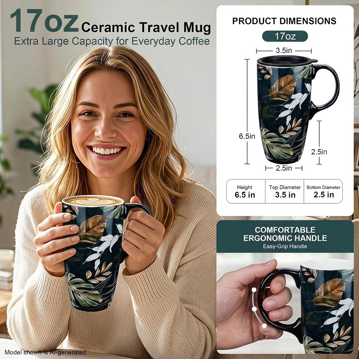 17oz Ceramic Coffee Mug with Lid & Gift Box | Vintage Script Blue Orange Daisy Tea Cup, Microwave Dishwasher & Oven Safe for Home Office Use