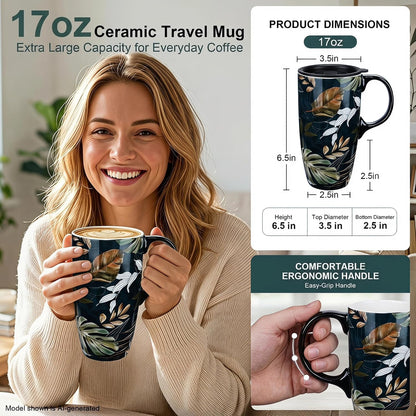 17oz Ceramic Coffee Mug with Lid & Gift Box | Vintage Script Blue Orange Daisy Tea Cup, Microwave Dishwasher & Oven Safe for Home Office Use