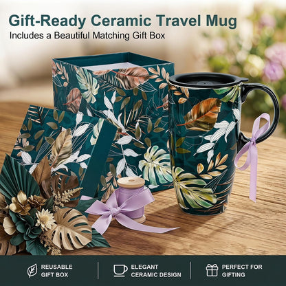 17oz Ceramic Coffee Mug with Lid & Gift Box | Vintage Script Blue Orange Daisy Tea Cup, Microwave Dishwasher & Oven Safe for Home Office Use
