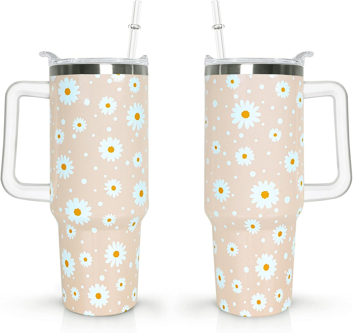 40 oz Daisy Tumbler with Handle and Straw Lid Daisy Themed Gifts for Women Flower Lovers Double Insulated Cup Travel Coffee Mug