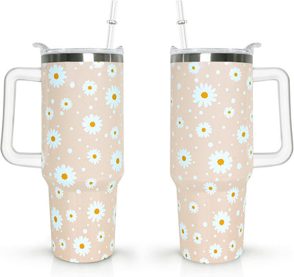 40 oz Daisy Tumbler with Handle and Straw Lid Daisy Themed Gifts for Women Flower Lovers Double Insulated Cup Travel Coffee Mug
