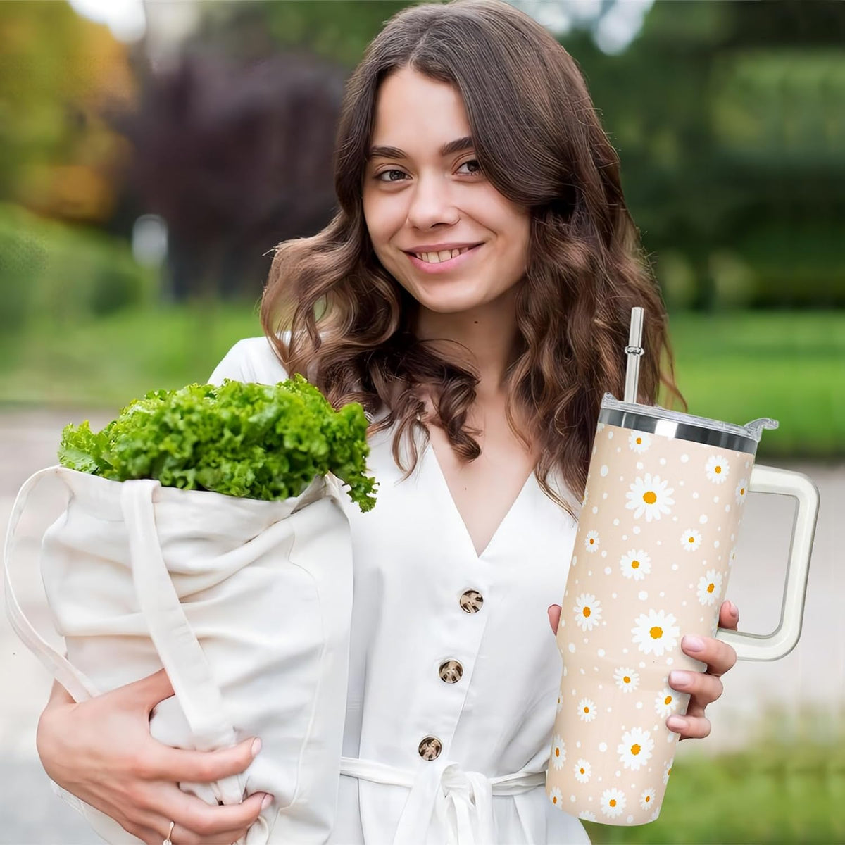 40 oz Daisy Tumbler with Handle and Straw Lid Daisy Themed Gifts for Women Flower Lovers Double Insulated Cup Travel Coffee Mug