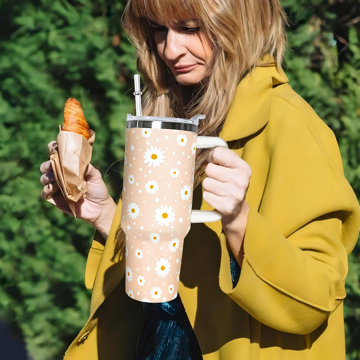 40 oz Daisy Tumbler with Handle and Straw Lid Daisy Themed Gifts for Women Flower Lovers Double Insulated Cup Travel Coffee Mug