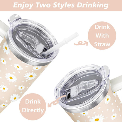 40 oz Daisy Tumbler with Handle and Straw Lid Daisy Themed Gifts for Women Flower Lovers Double Insulated Cup Travel Coffee Mug
