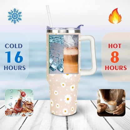 40 oz Daisy Tumbler with Handle and Straw Lid Daisy Themed Gifts for Women Flower Lovers Double Insulated Cup Travel Coffee Mug