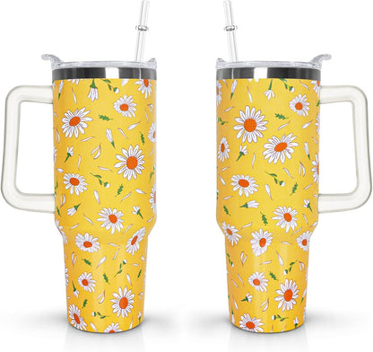 40 oz Daisy Tumbler with Handle and Straw Lid Daisy Themed Gifts for Women Flower Lovers Double Insulated Cup Travel Coffee Mug