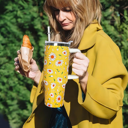 40 oz Daisy Tumbler with Handle and Straw Lid Daisy Themed Gifts for Women Flower Lovers Double Insulated Cup Travel Coffee Mug