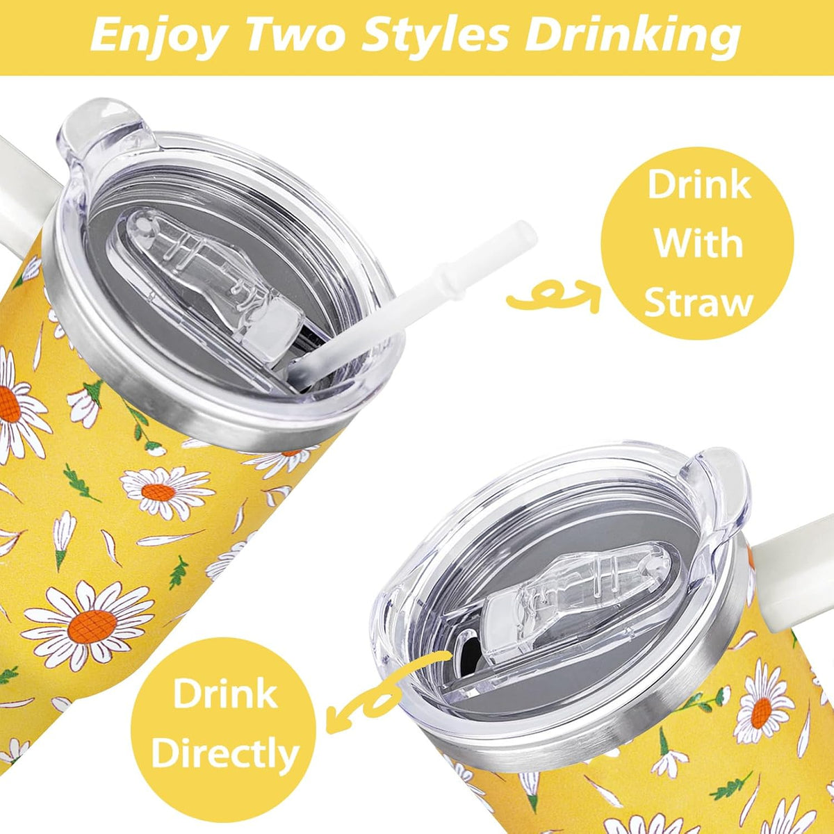 40 oz Daisy Tumbler with Handle and Straw Lid Daisy Themed Gifts for Women Flower Lovers Double Insulated Cup Travel Coffee Mug