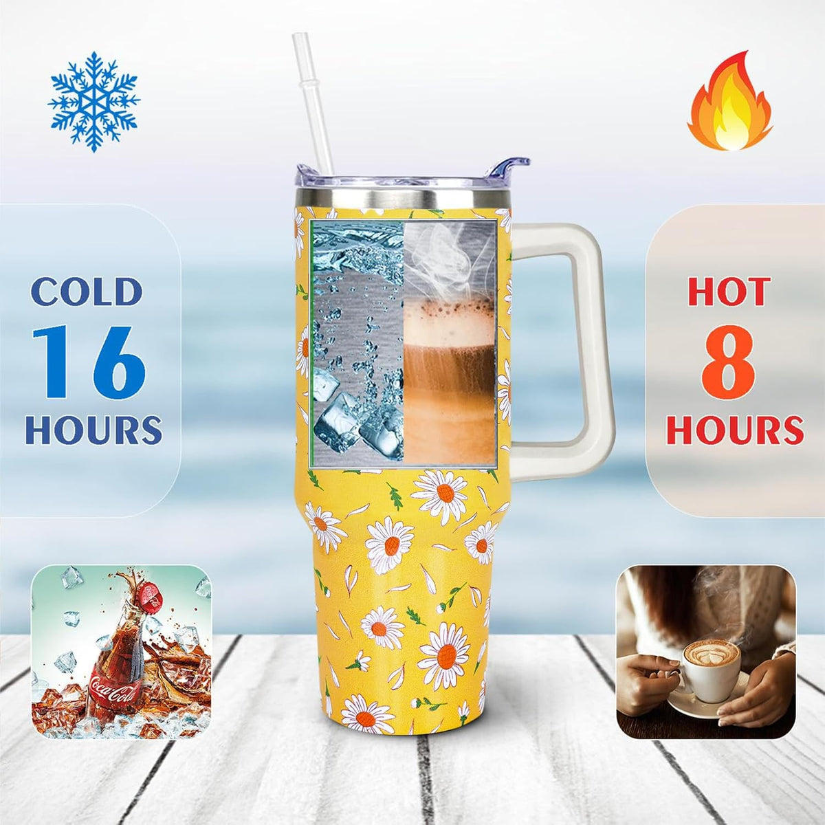 40 oz Daisy Tumbler with Handle and Straw Lid Daisy Themed Gifts for Women Flower Lovers Double Insulated Cup Travel Coffee Mug