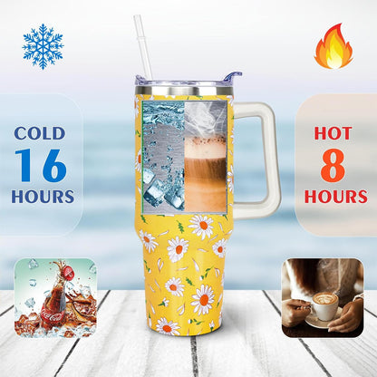 40 oz Daisy Tumbler with Handle and Straw Lid Daisy Themed Gifts for Women Flower Lovers Double Insulated Cup Travel Coffee Mug