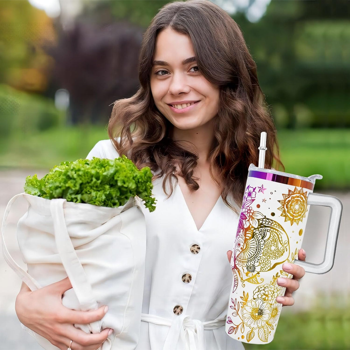 40 oz Daisy Tumbler with Handle and Straw Lid Daisy Themed Gifts for Women Flower Lovers Double Insulated Cup Travel Coffee Mug