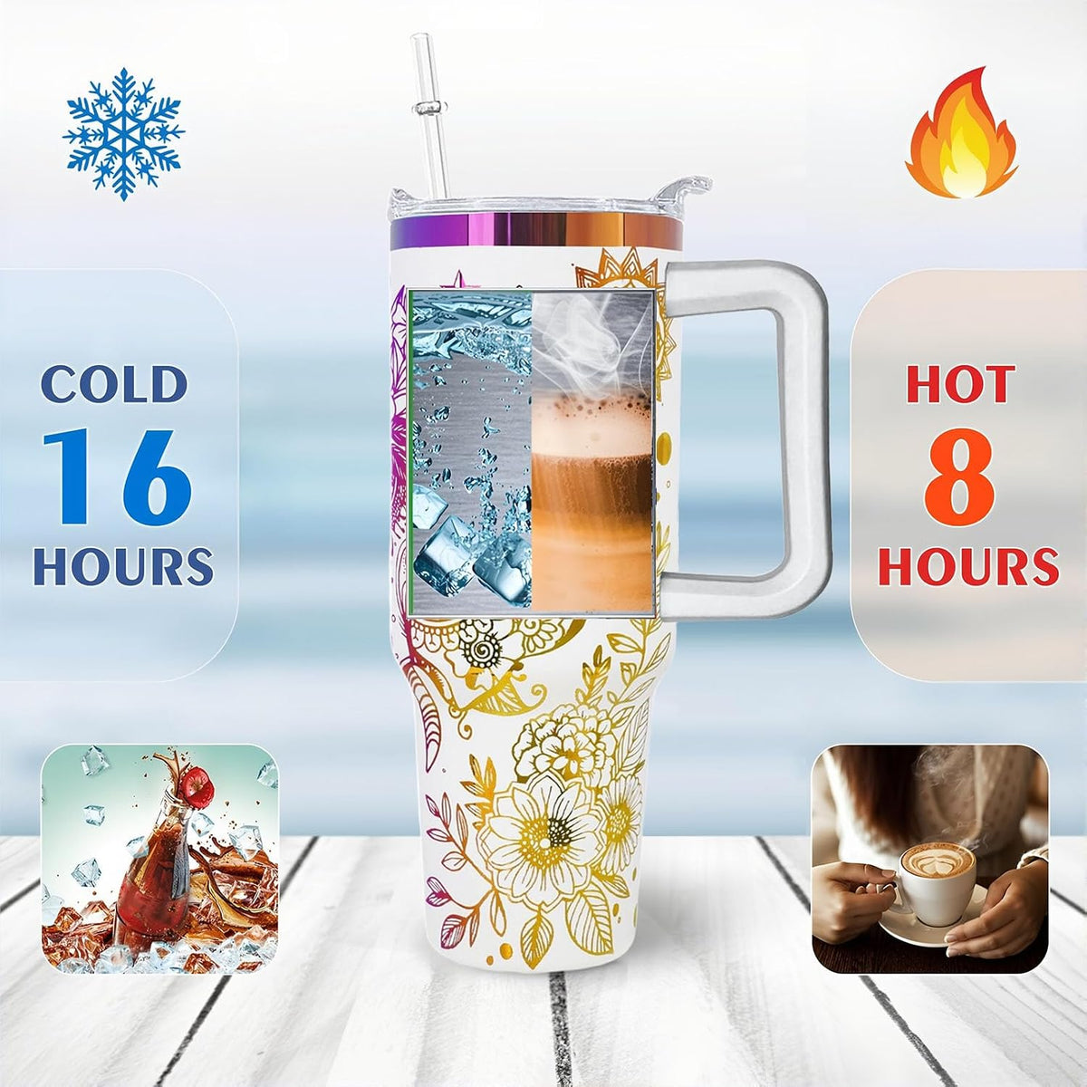40 oz Daisy Tumbler with Handle and Straw Lid Daisy Themed Gifts for Women Flower Lovers Double Insulated Cup Travel Coffee Mug