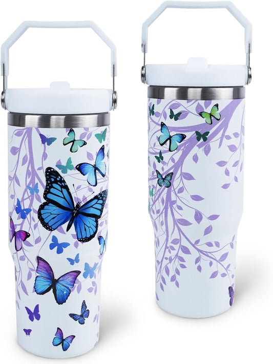Butterfly 30 OZ Tumbler with Handle Flip Straw Lid Leak Proof