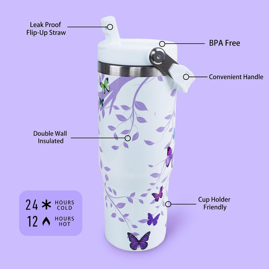 Butterfly 30 OZ Tumbler with Handle Flip Straw Lid Leak Proof