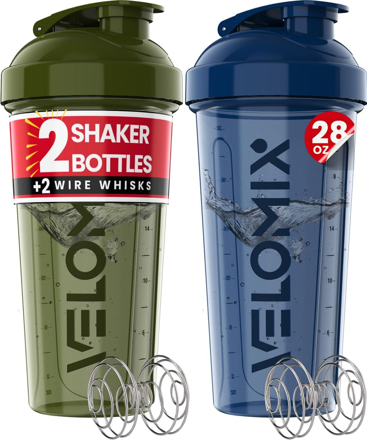 2 Pack 28oz Protein Shaker Bottle for Protein Mixes, Black/Transpar