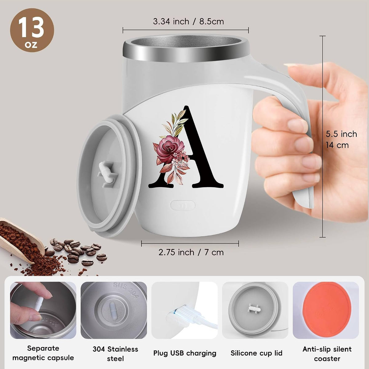Initial Magnetic Stirring Coffee Mug Stainless Insulated Travel Cup Best Female Friend Happy Birthday Close Women Gifts Stuff Bestie Soul Sister Long Distance Personalized Unique Cute Xmas Present,E