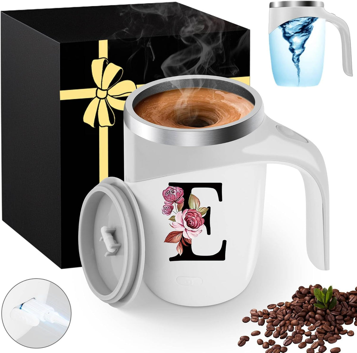 Initial Magnetic Stirring Coffee Mug Stainless Insulated Travel Cup Best Female Friend Happy Birthday Close Women Gifts Stuff Bestie Soul Sister Long Distance Personalized Unique Cute Xmas Present,E