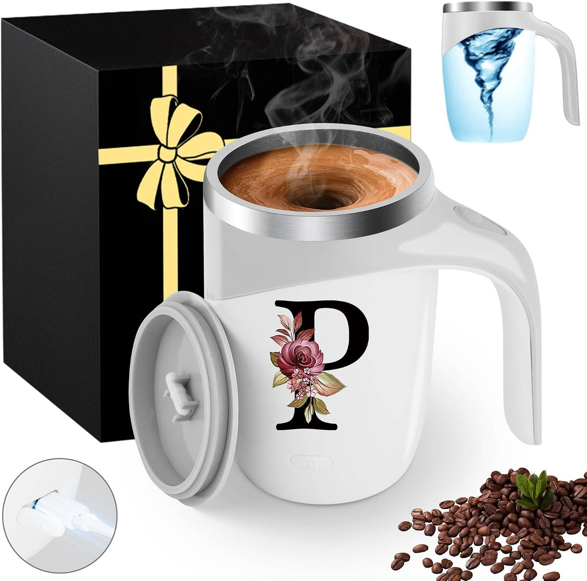Initial Magnetic Stirring Coffee Mug Stainless Insulated Travel Cup Best Female Friend Happy Birthday Close Women Gifts Stuff Bestie Soul Sister Long Distance Personalized Unique Cute Xmas Present,E
