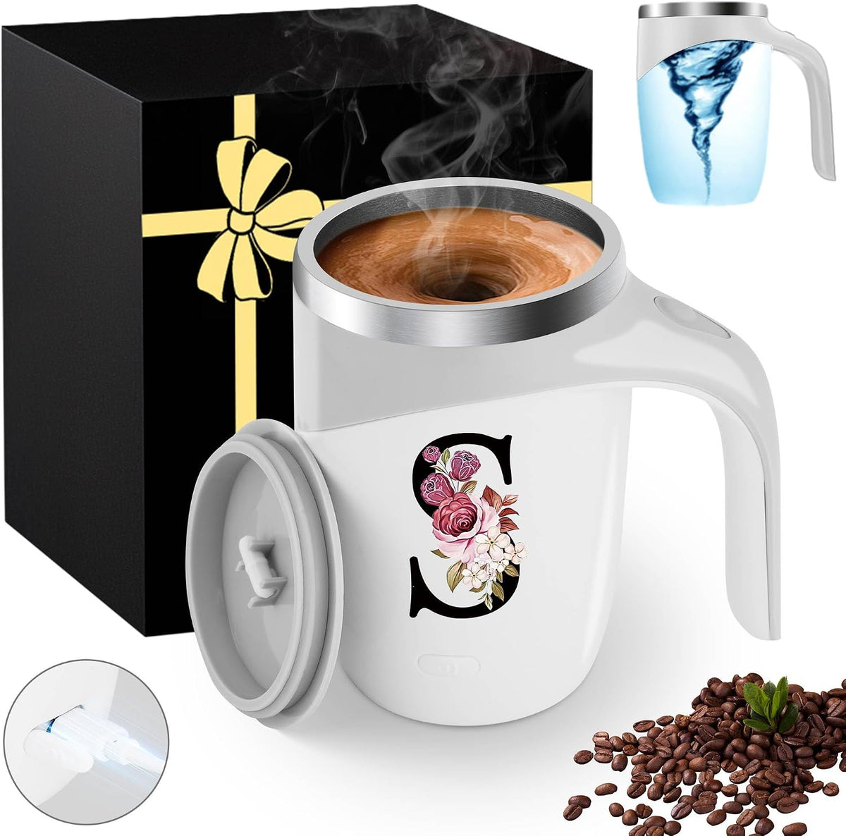 Initial Magnetic Stirring Coffee Mug Stainless Insulated Travel Cup Best Female Friend Happy Birthday Close Women Gifts Stuff Bestie Soul Sister Long Distance Personalized Unique Cute Xmas Present,E
