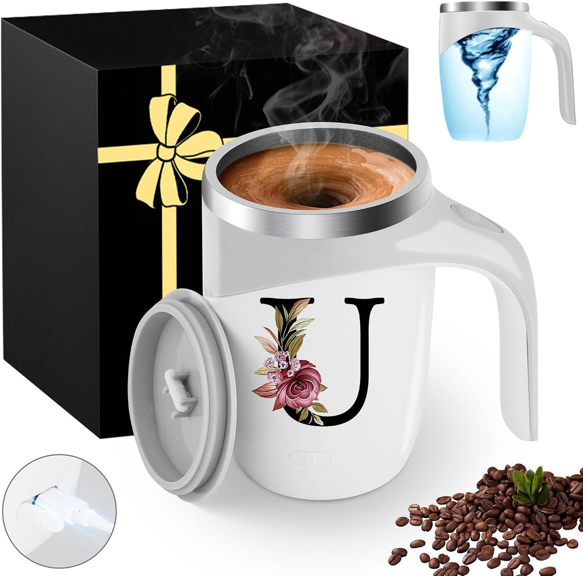 Initial Magnetic Stirring Coffee Mug Stainless Insulated Travel Cup Best Female Friend Happy Birthday Close Women Gifts Stuff Bestie Soul Sister Long Distance Personalized Unique Cute Xmas Present,E