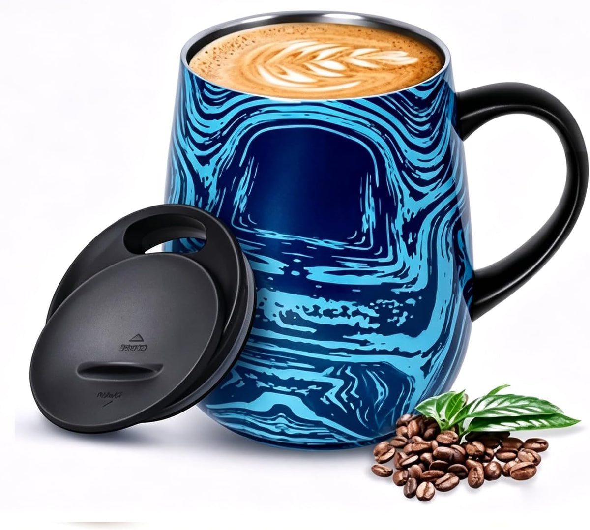 SereneSip 16oz Insulated Coffee Mug with Sliding Lid | Vacuum Sealed Stainless Steel Tumbler | BPA-Free, No Sweat Office Cup (Speckled Blue)