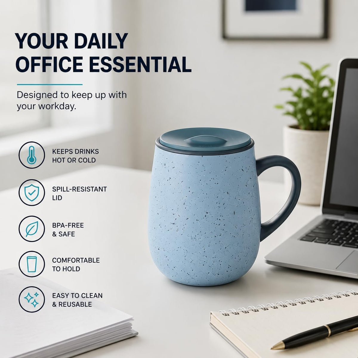 SereneSip 16oz Insulated Coffee Mug with Sliding Lid | Vacuum Sealed Stainless Steel Tumbler | BPA-Free, No Sweat Office Cup (Speckled Blue)