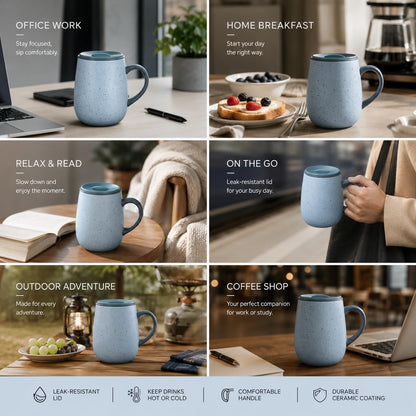 SereneSip 16oz Insulated Coffee Mug with Sliding Lid | Vacuum Sealed Stainless Steel Tumbler | BPA-Free, No Sweat Office Cup (Speckled Blue)