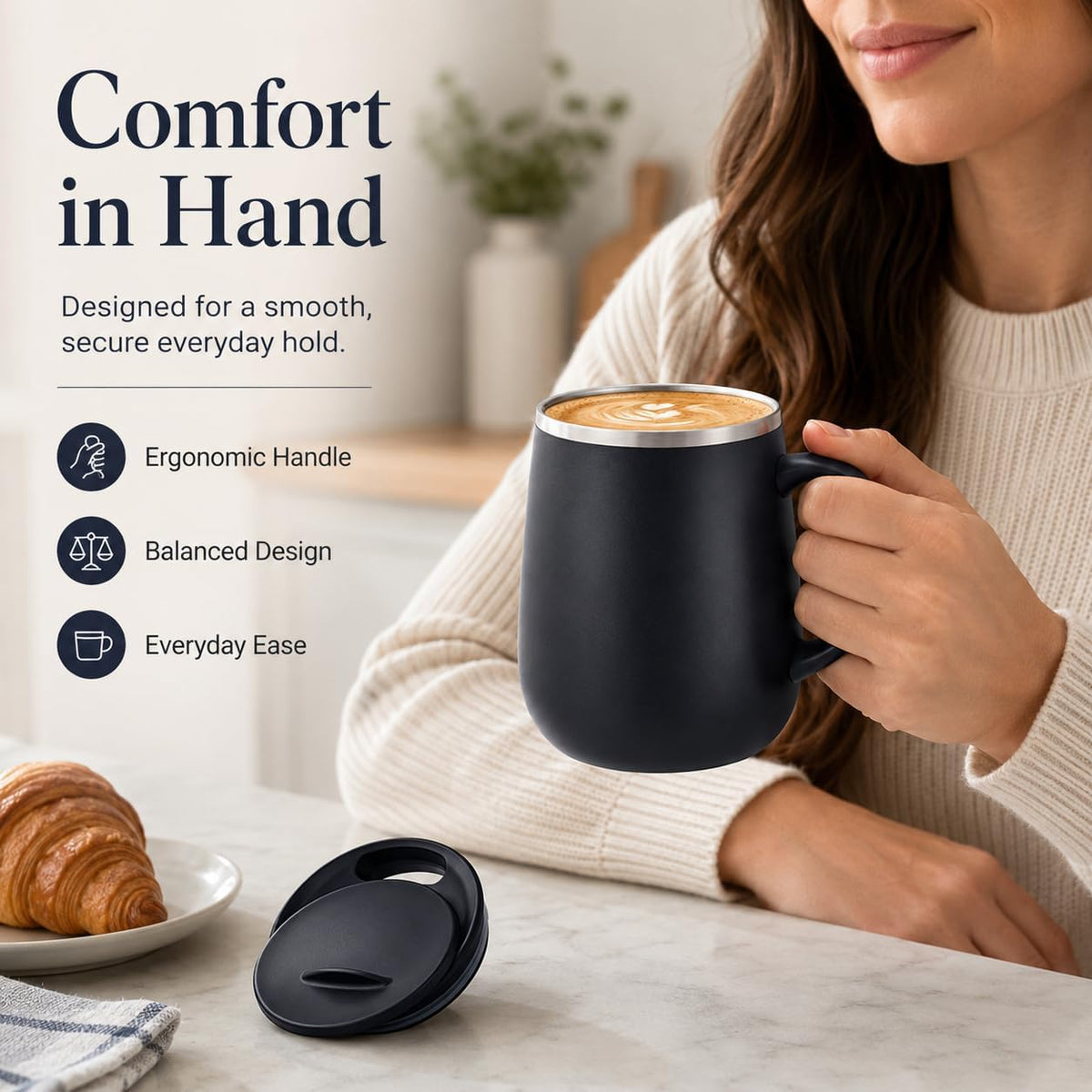 SereneSip 16oz Insulated Coffee Mug with Sliding Lid | Vacuum Sealed Stainless Steel Tumbler | BPA-Free, No Sweat Office Cup (Speckled Blue)