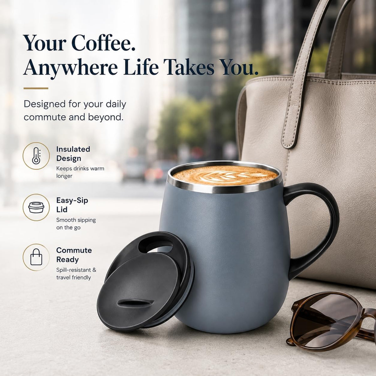 SereneSip 16oz Insulated Coffee Mug with Sliding Lid | Vacuum Sealed Stainless Steel Tumbler | BPA-Free, No Sweat Office Cup (Speckled Blue)