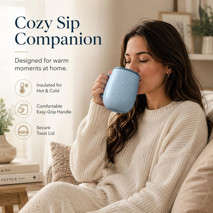 SereneSip 16oz Insulated Coffee Mug with Sliding Lid | Vacuum Sealed Stainless Steel Tumbler | BPA-Free, No Sweat Office Cup (Speckled Blue)