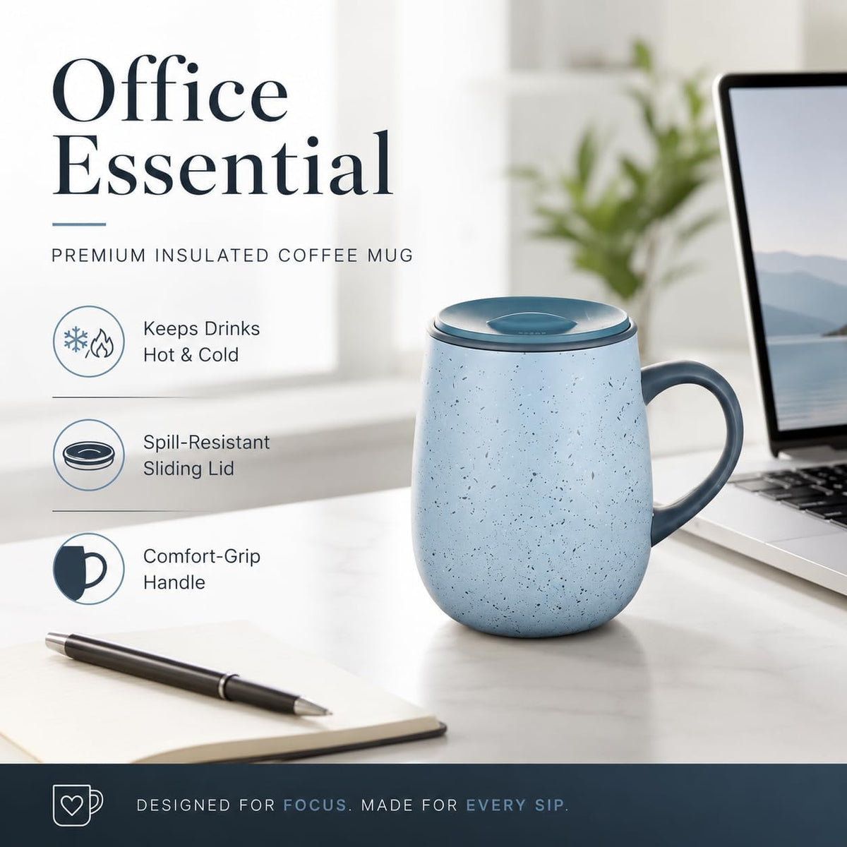 SereneSip 16oz Insulated Coffee Mug with Sliding Lid | Vacuum Sealed Stainless Steel Tumbler | BPA-Free, No Sweat Office Cup (Speckled Blue)